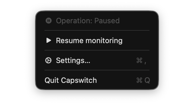 Capswitch menu bar menu