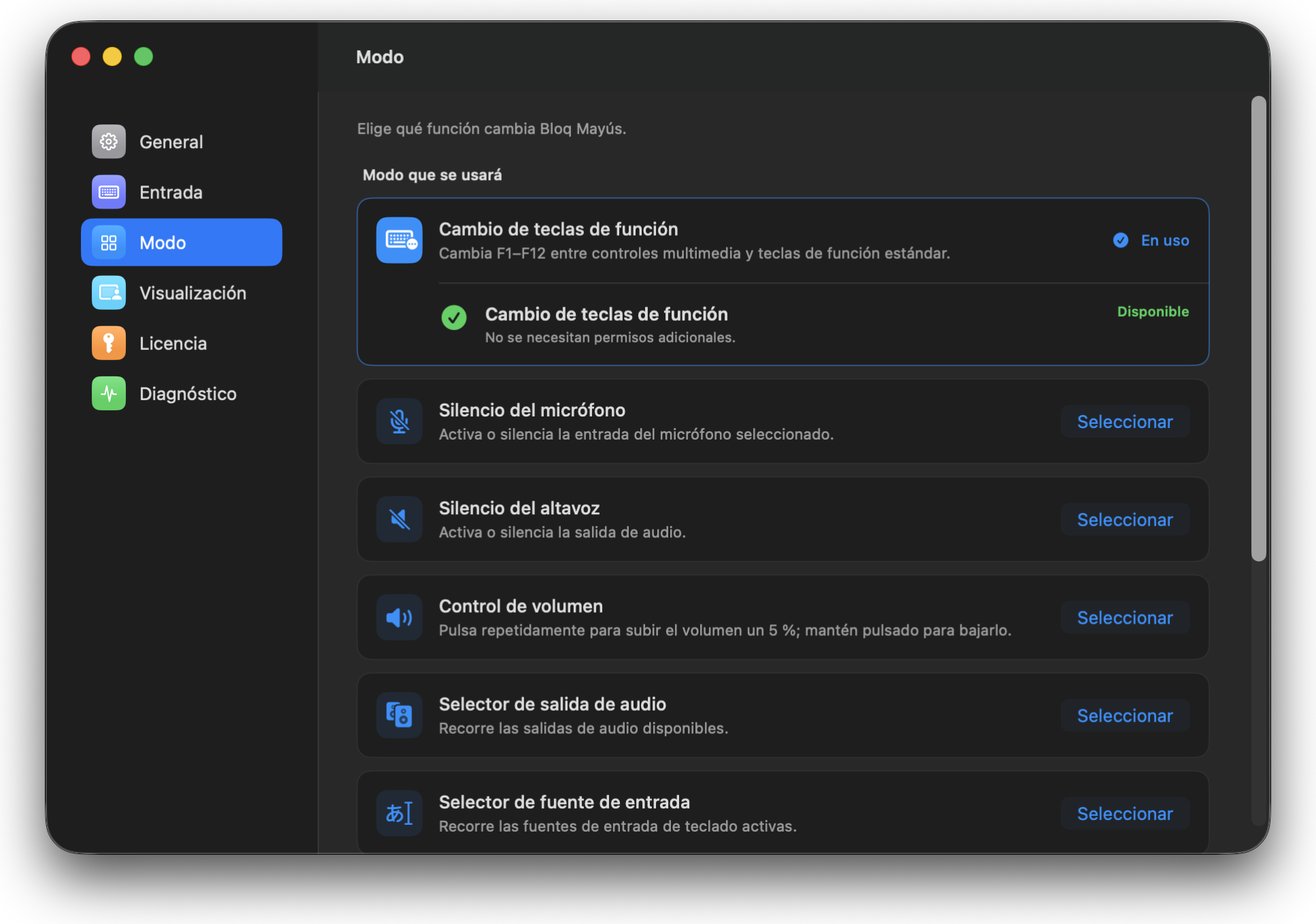 Ajustes de modo de Capswitch