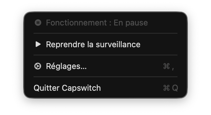 Menu Capswitch dans la barre des menus