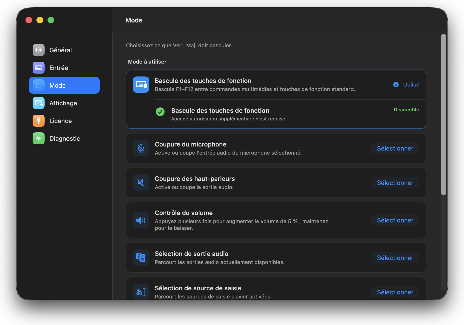 Réglages de mode Capswitch