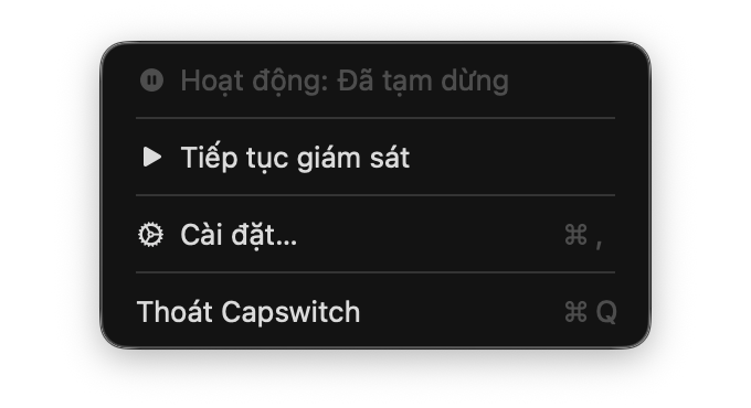 Menu Capswitch trên thanh menu